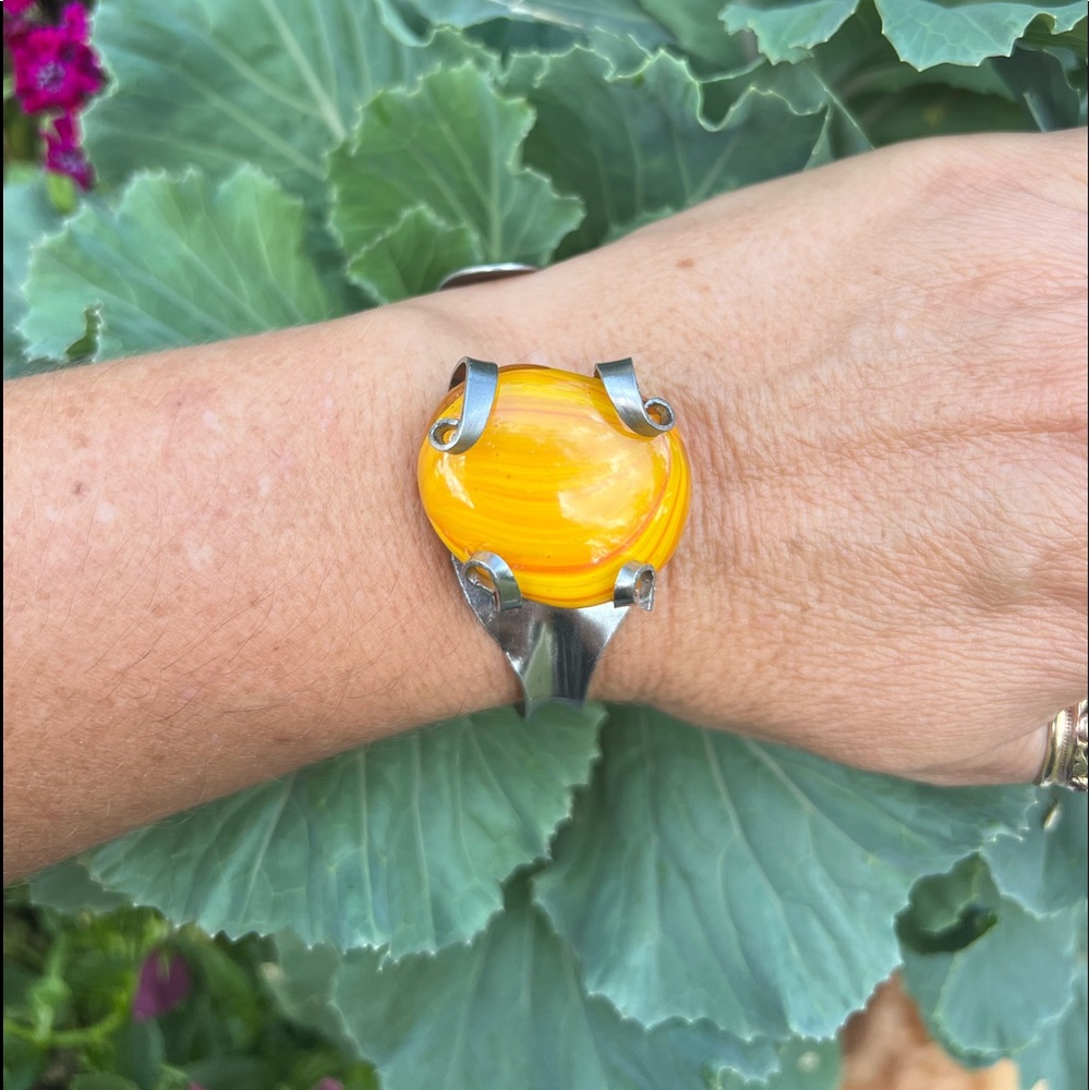 Vintage Silver-tone Utensil Fork Orange Yellow Glass Stone Bracelet
